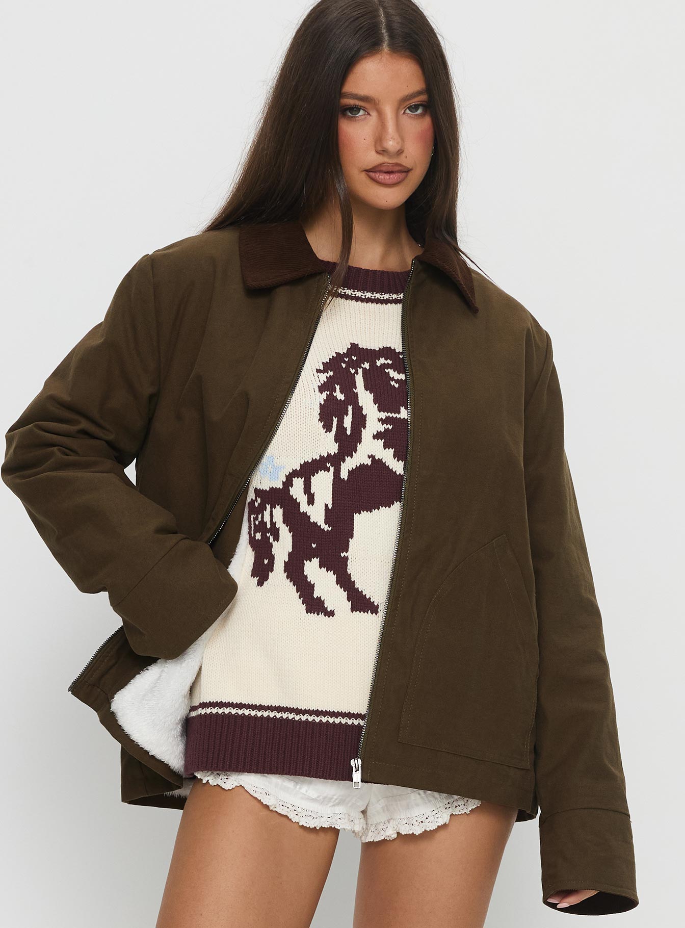 Livya Contrast Collar Utility Jacket Khaki