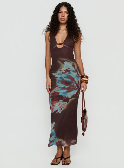 Maritsa Halter Beaded Maxi Dress Brown Floral