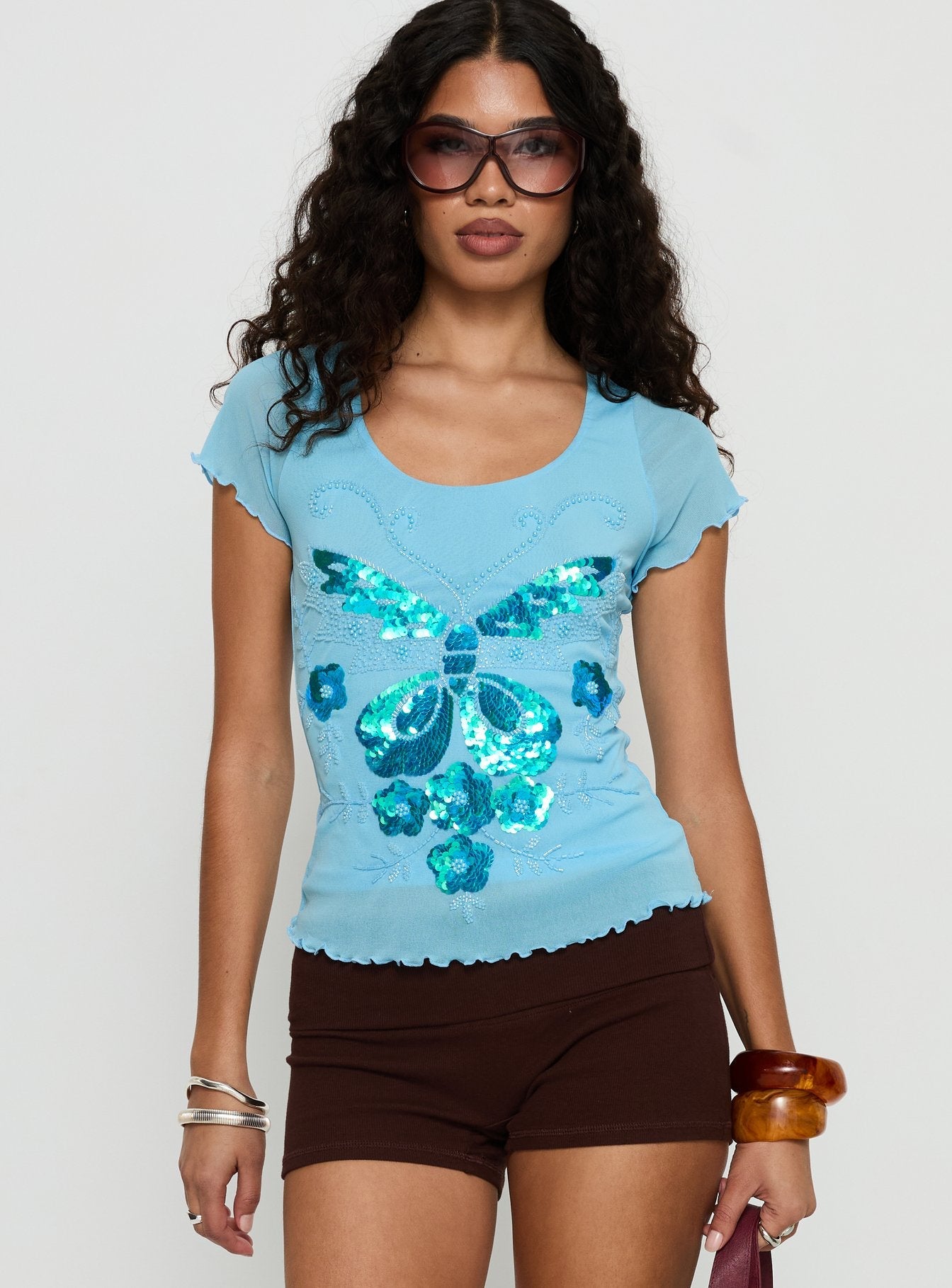 Reannah Sequin Short Sleeve Top Blue