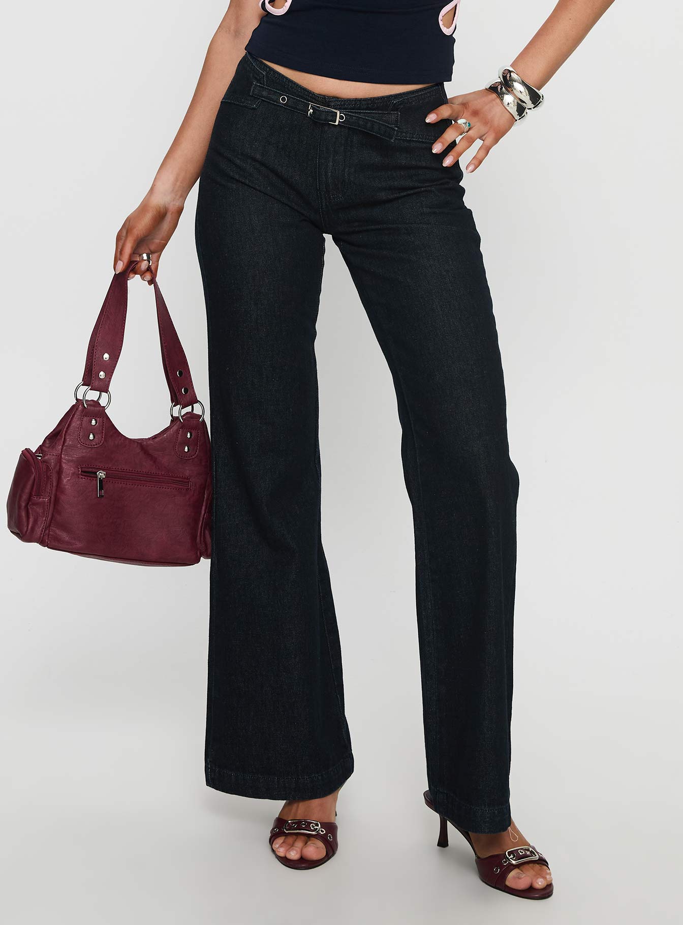 Slow Ride Mid Rise Bootleg Belted Jeans Dark Indigo Blue