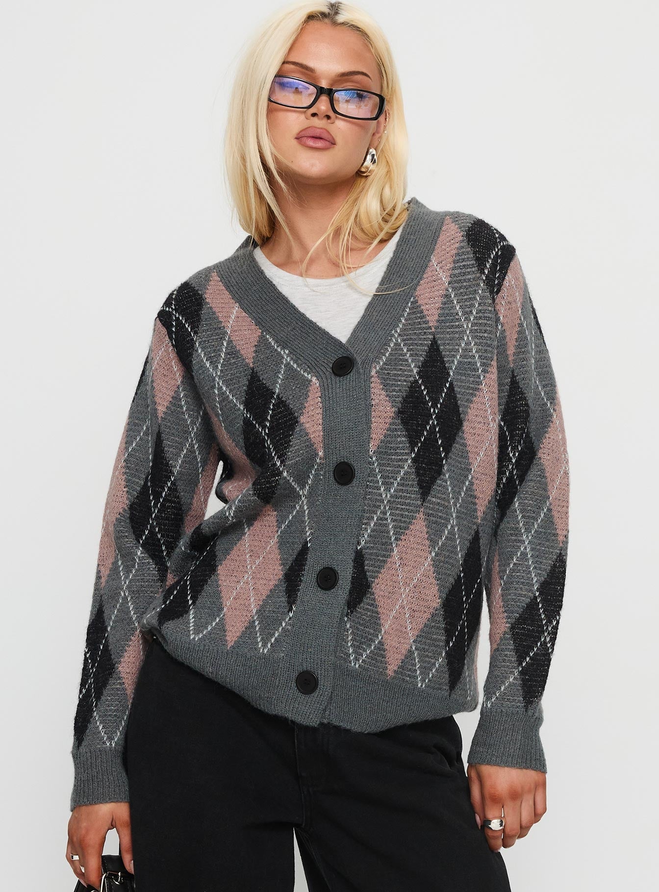 Zeeva Button Through Knit Cardigan Grey Argyle
