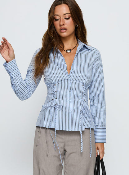 Sunisa Tie Detail Long Sleeve Top Blue Stripe