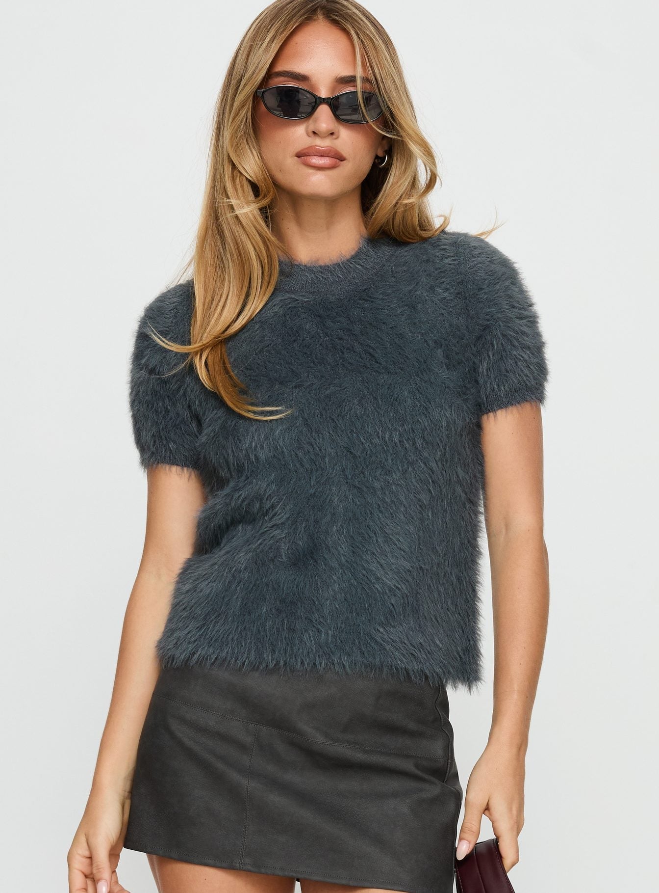 Starlynn Fluffy Short Sleeve Top Slate