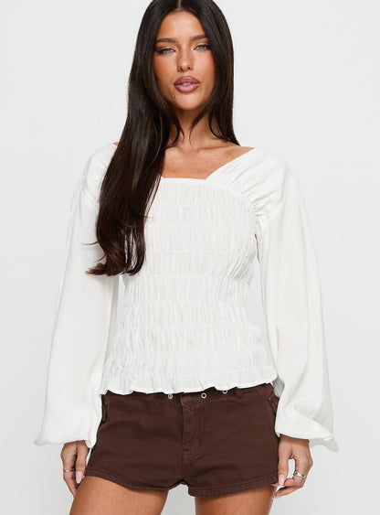 Lynnea Long Sleeve Shirred Top White