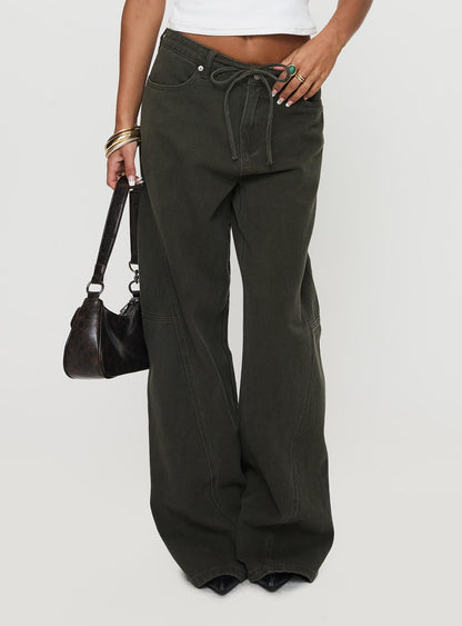 Bruiser Tie Waist Mid Rise Wide Leg Jeans Green Petite