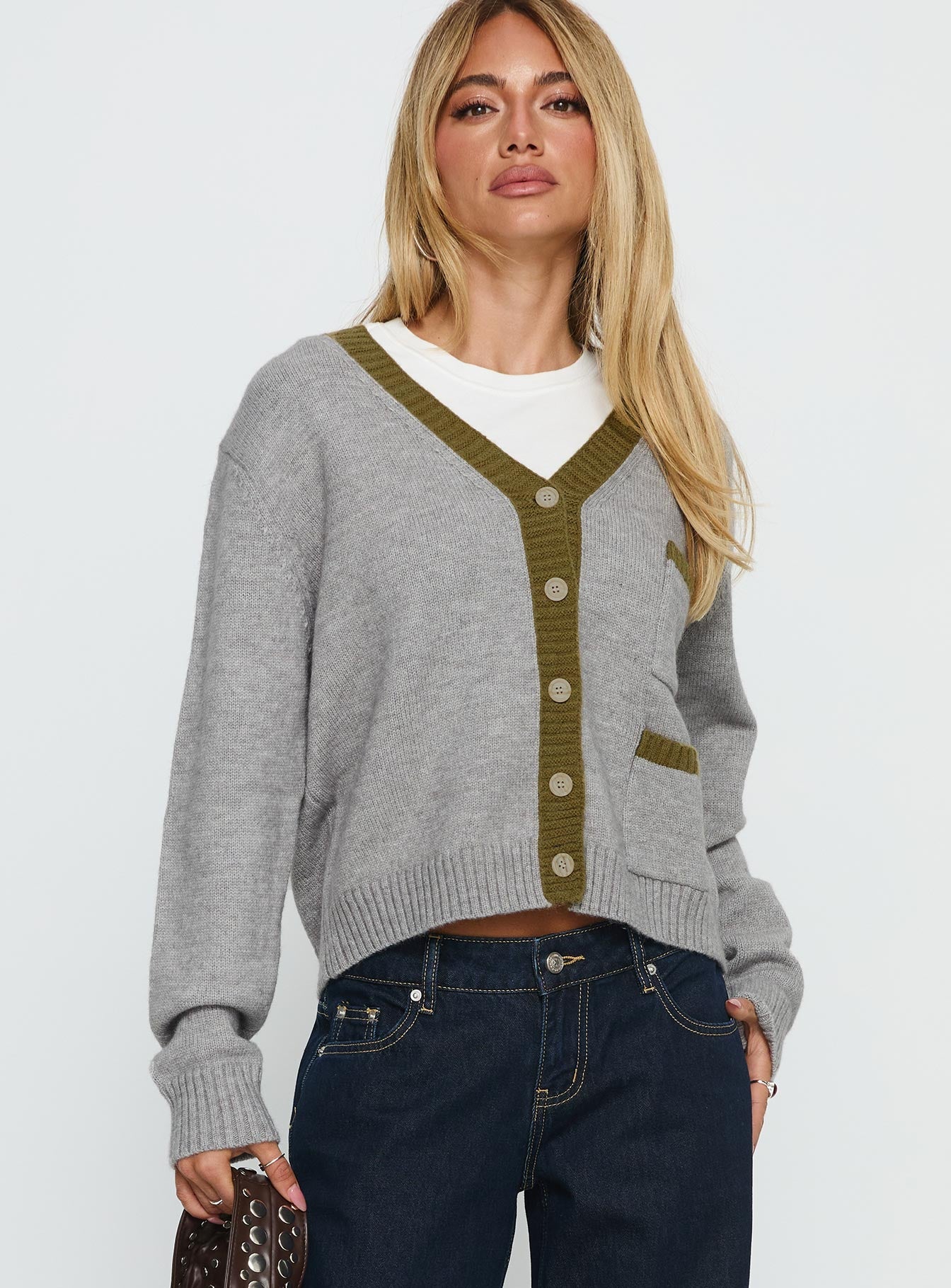 Atira Contrast Knit Cardigan Grey