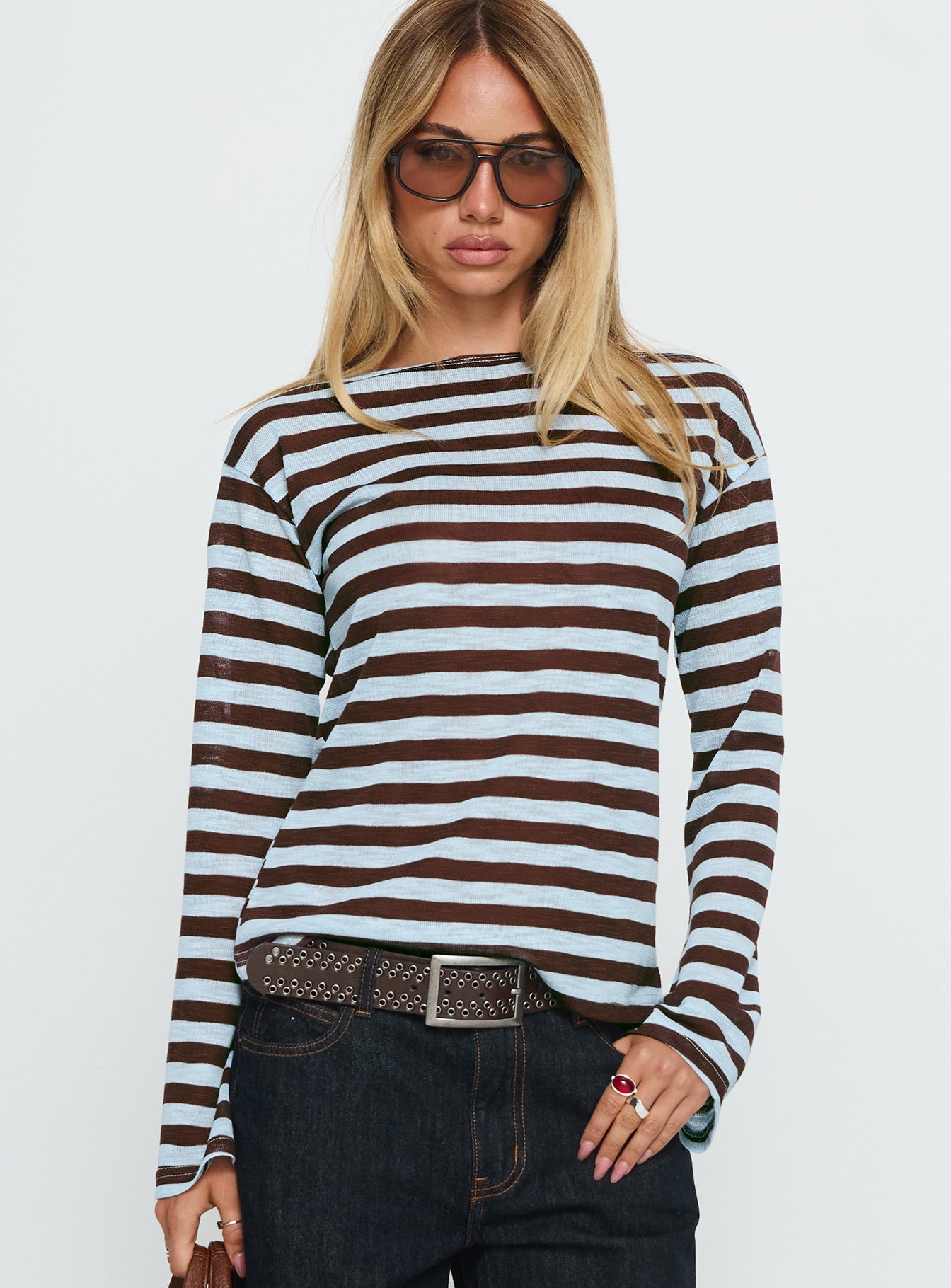 So Composed Boat Neck Long Sleeve Top Blue Stripe