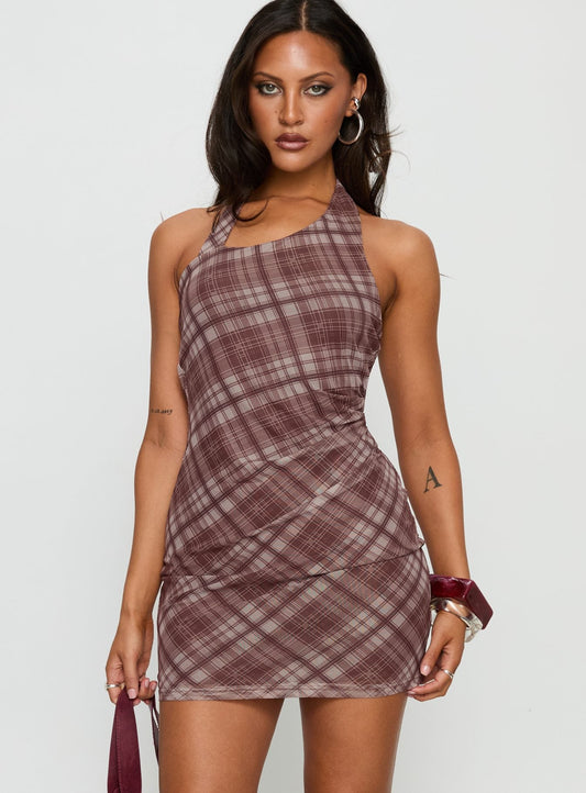 Kastles Halter Cut Out Mini Dress Brown Check