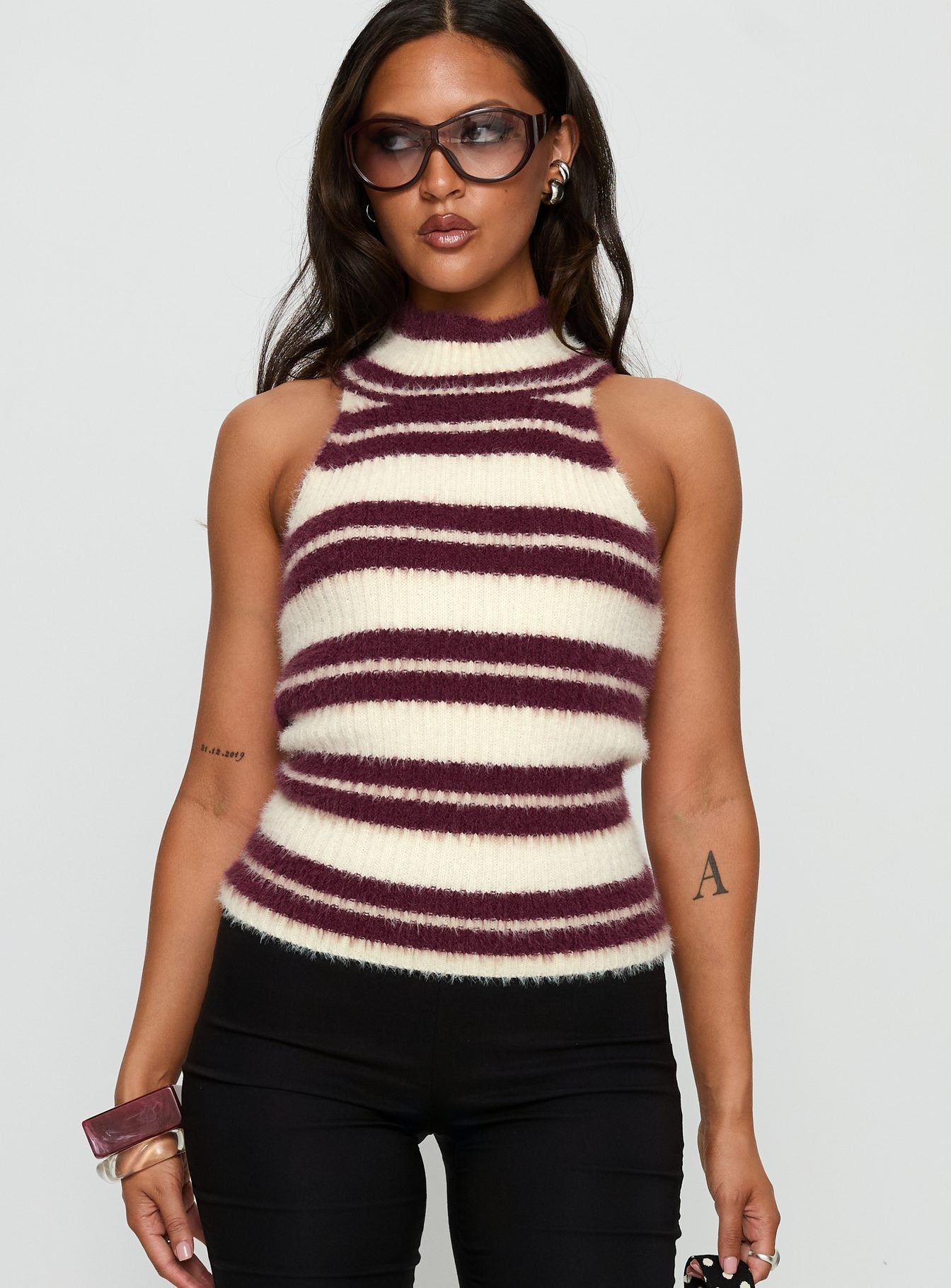 Heide High Neck Fluffy Top Burgundy Stripe