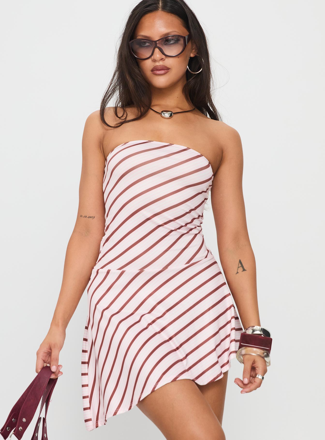 Kagari Dress Diagonal Stripe Pink