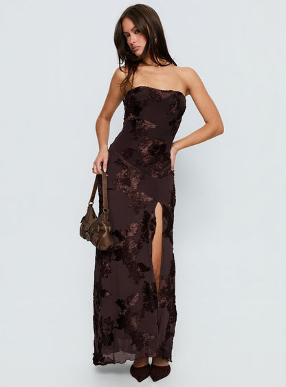 Maribeth Strapless Floral Maxi Dress Chocolate Brown