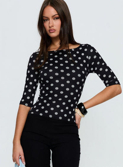 Venna 3/4 Sleeve Boat Neck Top Black / White Polka