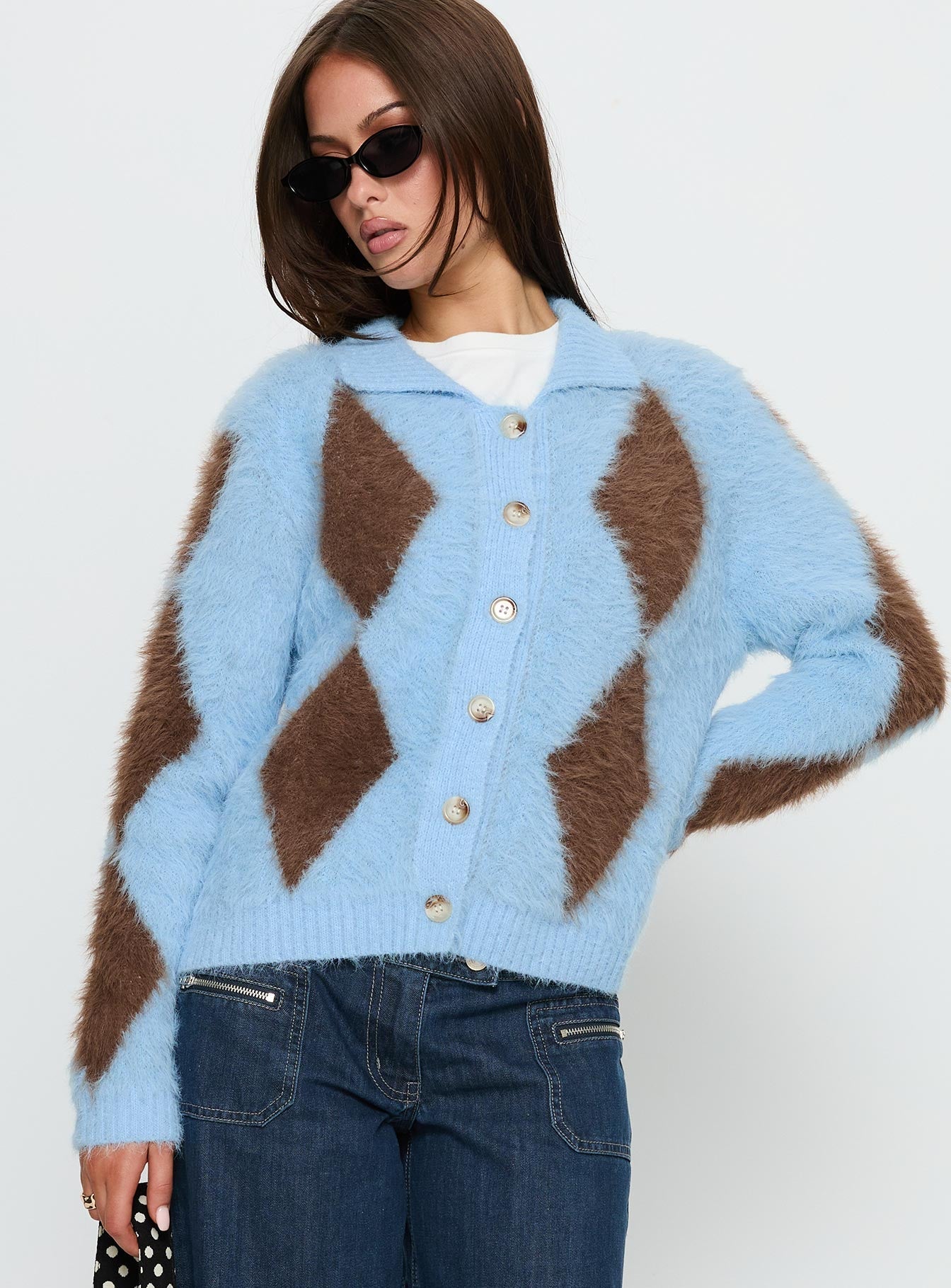 Lynnsey Fluffy Collared Knit Sweater Blue Argyle