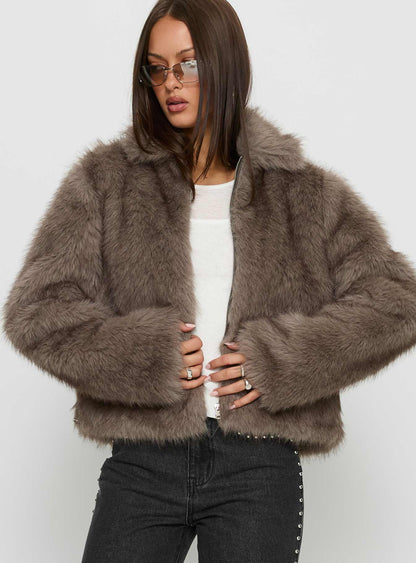 Kimberli Faux Fur Collared Jacket Brown