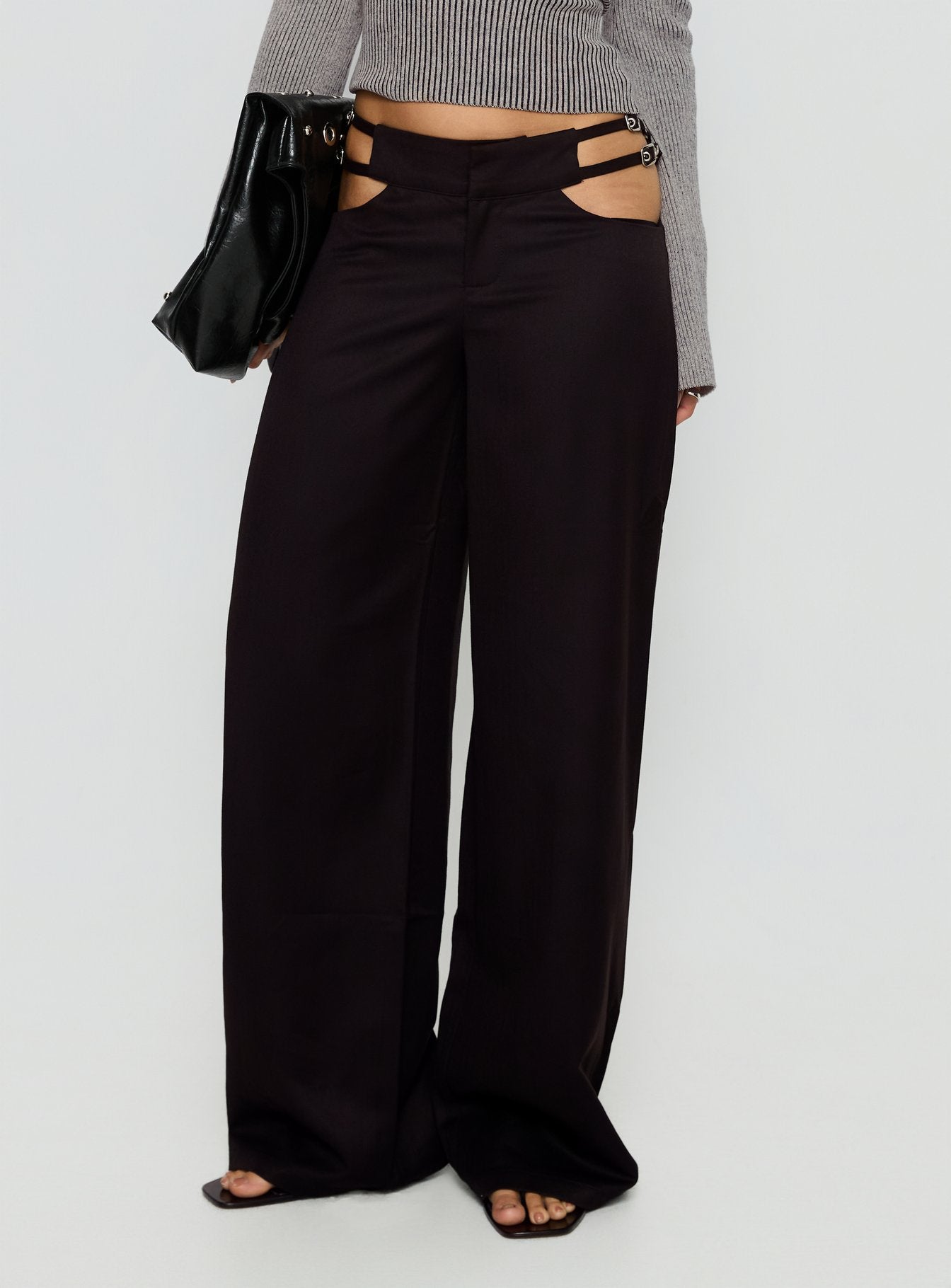 Venicia Belt Detail Suiting Pant Black Pinstripe