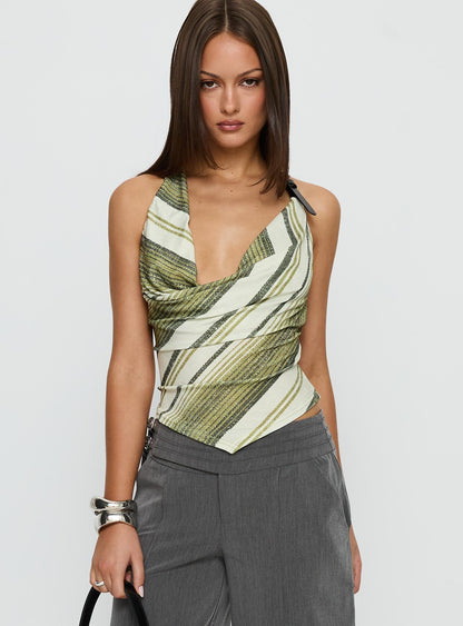 Syrenah Halter Cowl Neck Top Green Stripe