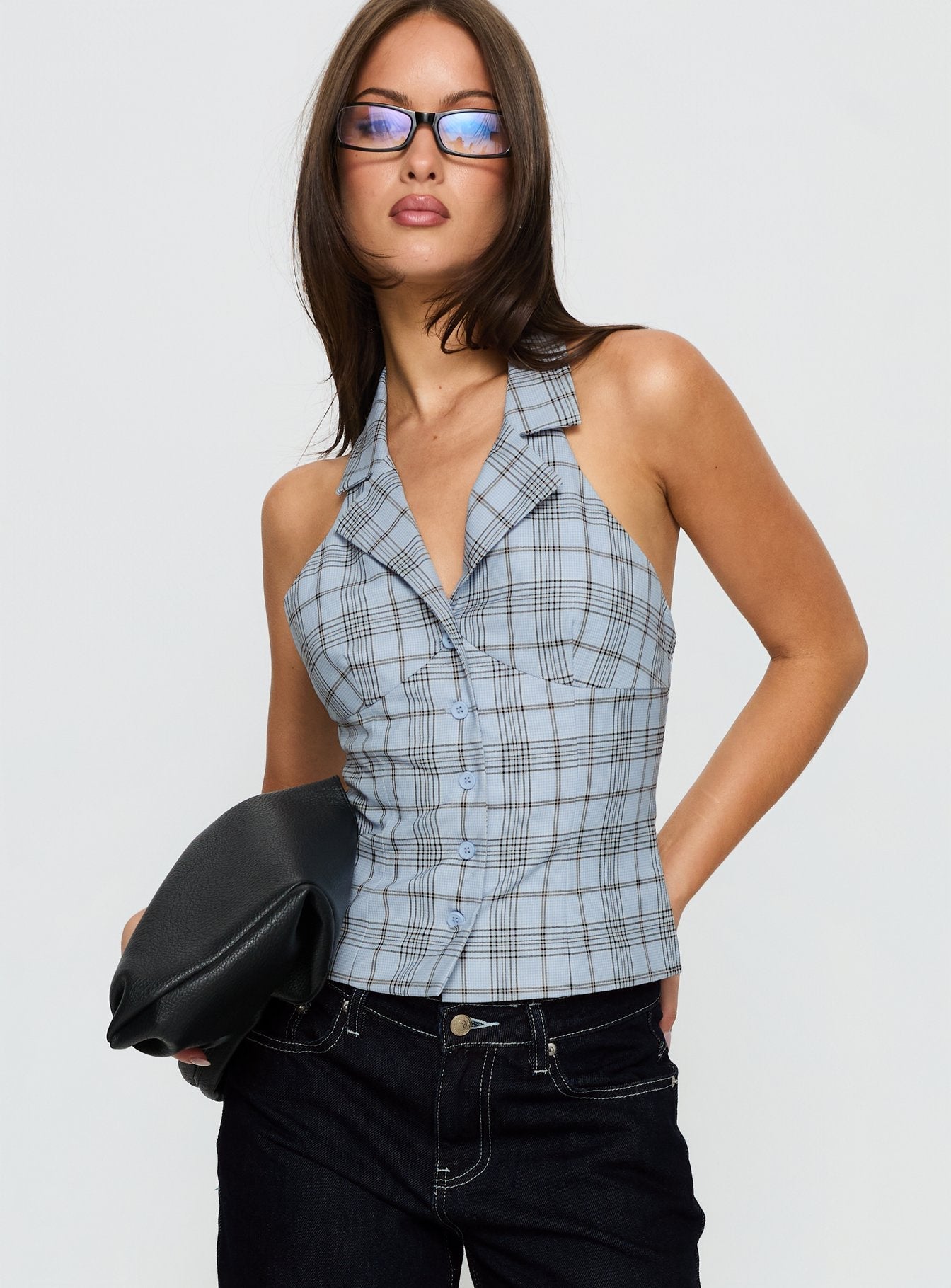Lure Button Up Sleeveless Top Baby Blue Plaid