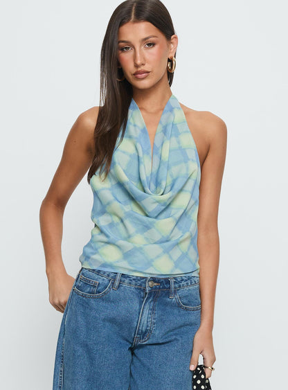Karelyn Plunge Neck Top Teal Check