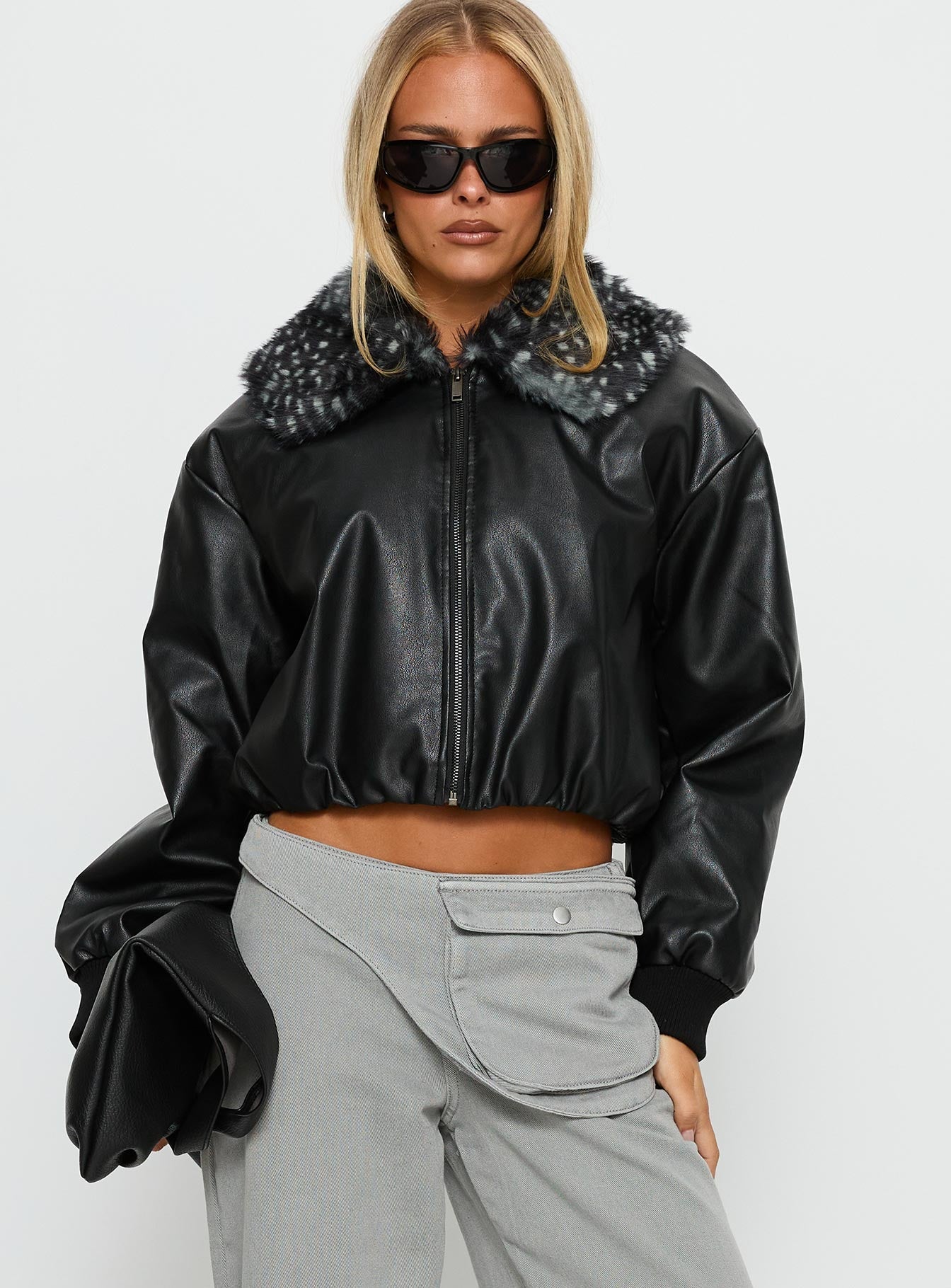 Koemi Faux Leather Collared Jacket Black