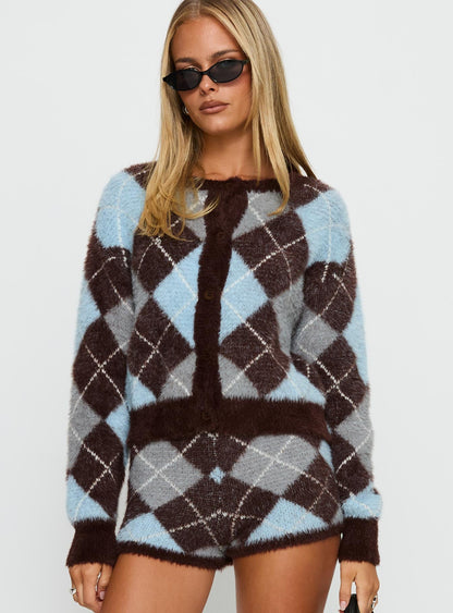 Kenlea Button Up Cardigan Blue Argyle