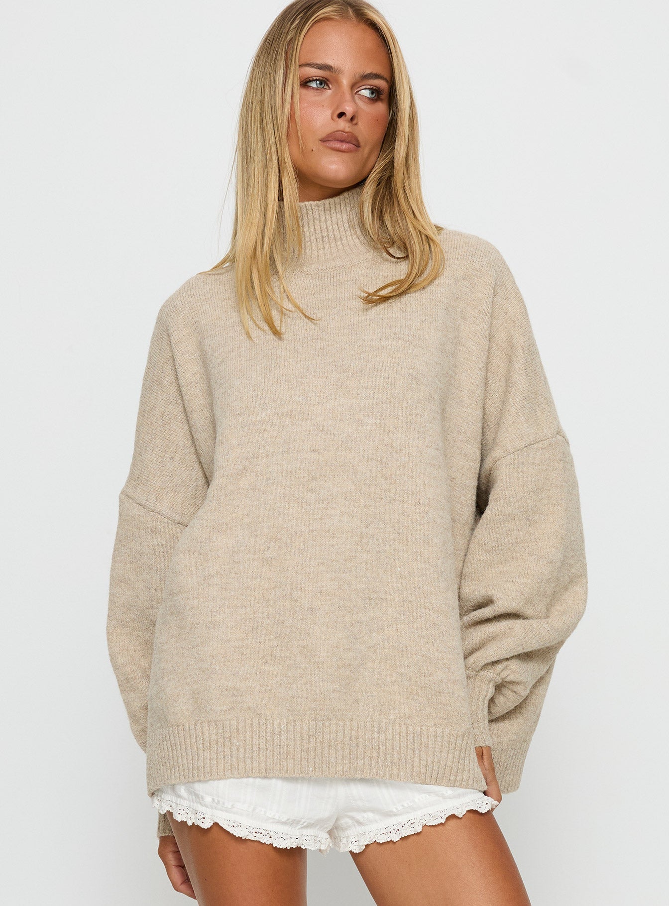 Patrizia Funnel Neck Knit Sweater Beige