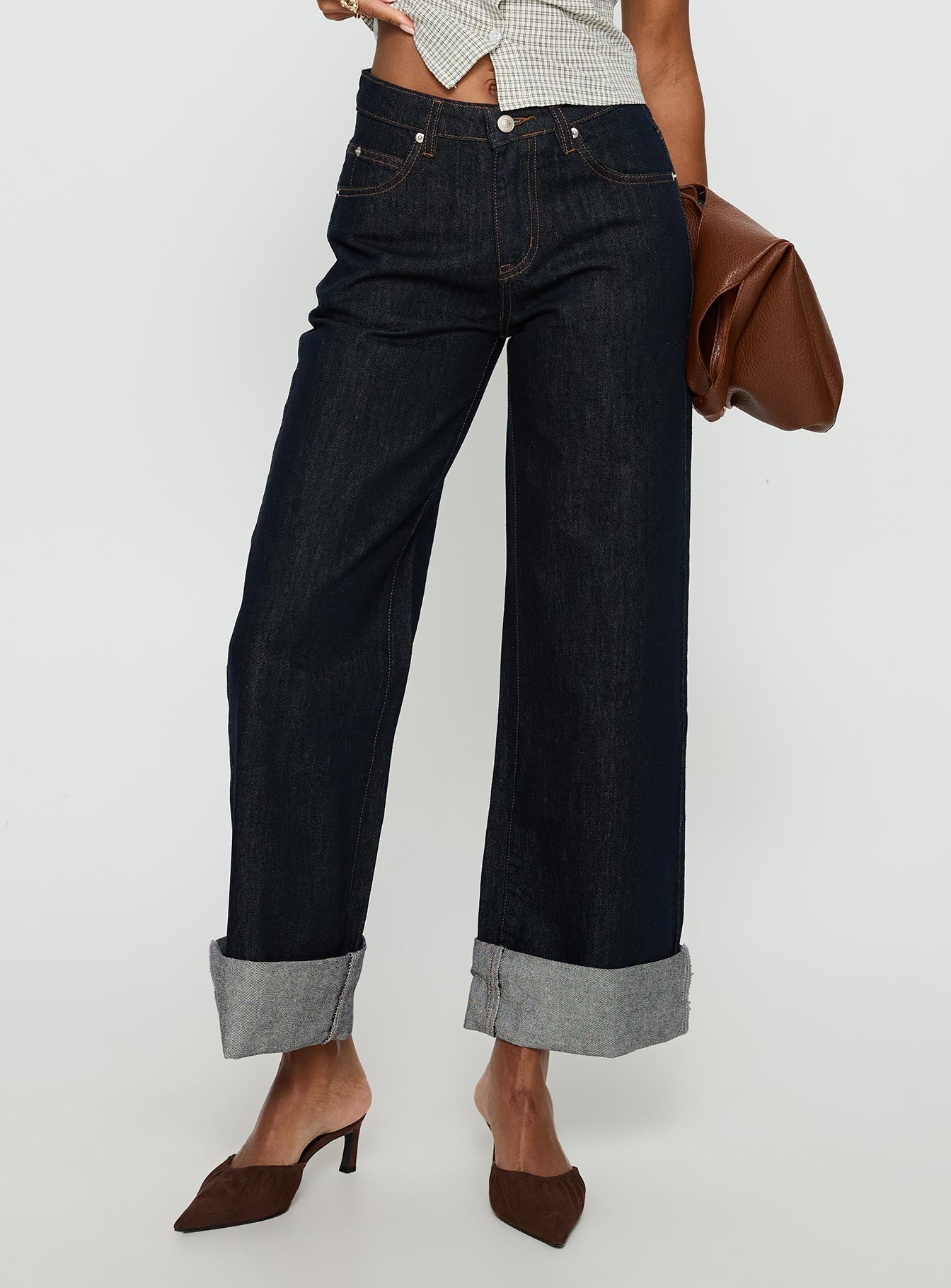 Squire Mid Rise Straight Leg Folded Hem Jeans Indigo Wash