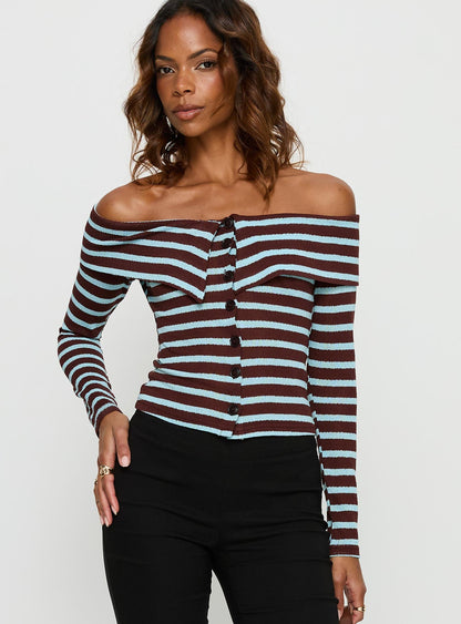 Raelena Off Shoulder Long Sleeve Top Blue / Brown Stripe