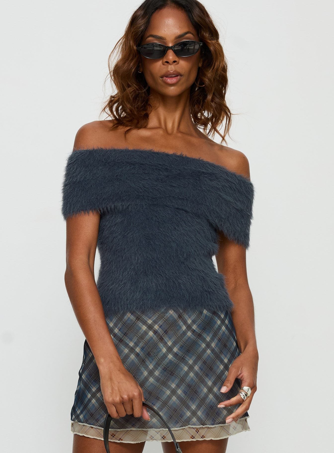 Wrylie Off Shoulder Fluffy Top Charcoal