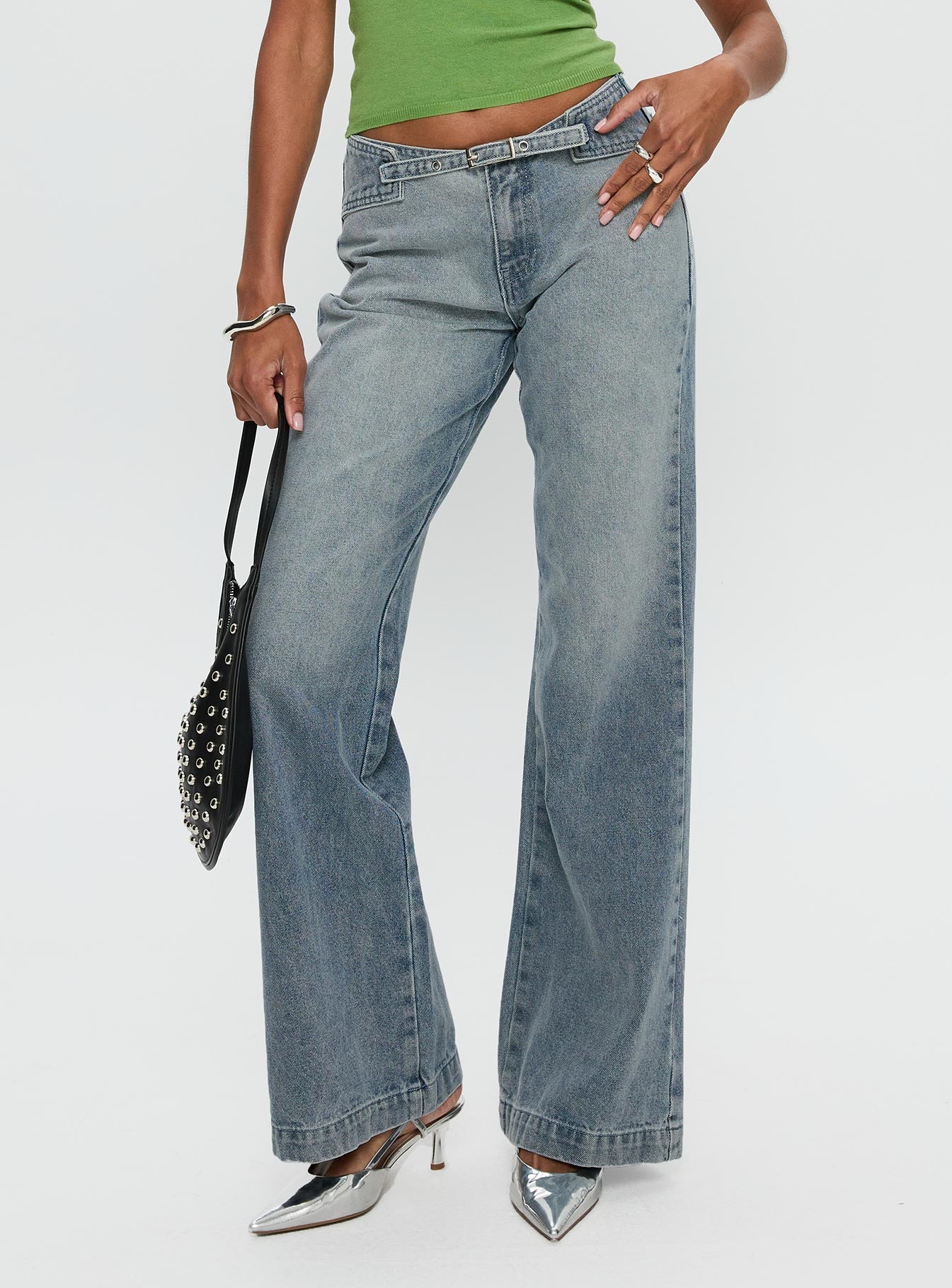 Slow Ride Mid Rise Bootleg Belted Jeans Light Blue