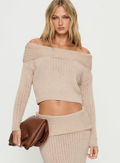 Devion Foldover Knit Sweater Beige