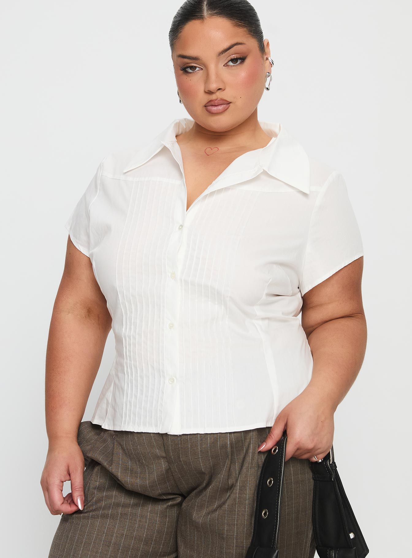 Akiyo Button Up Blouse Top White Curve