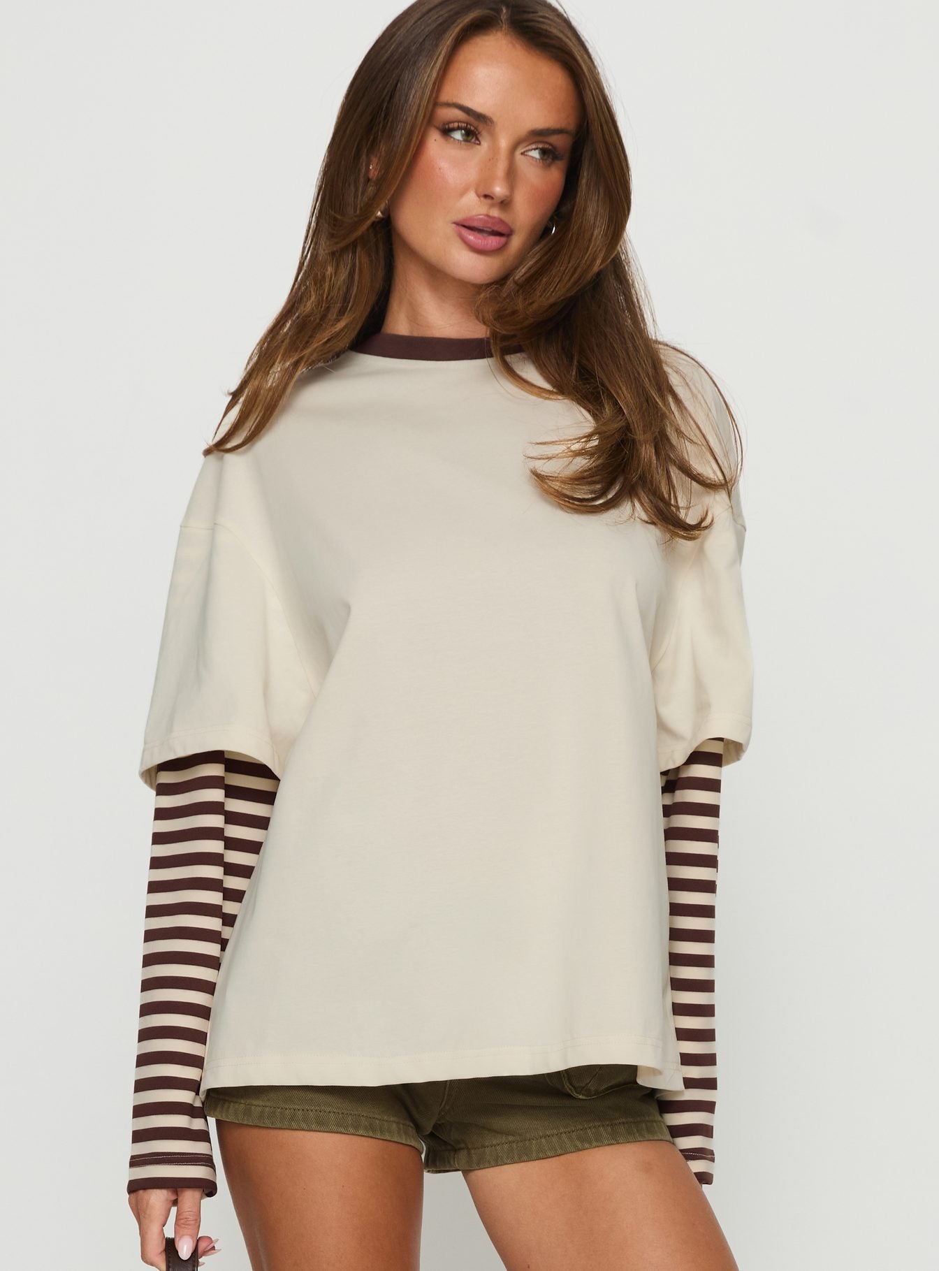Ryann Long Sleeve Layered Top Cream / Brown Stripe