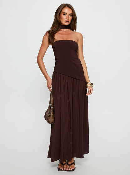 Odela Strapless Drop Waist Maxi Dress Chocolate