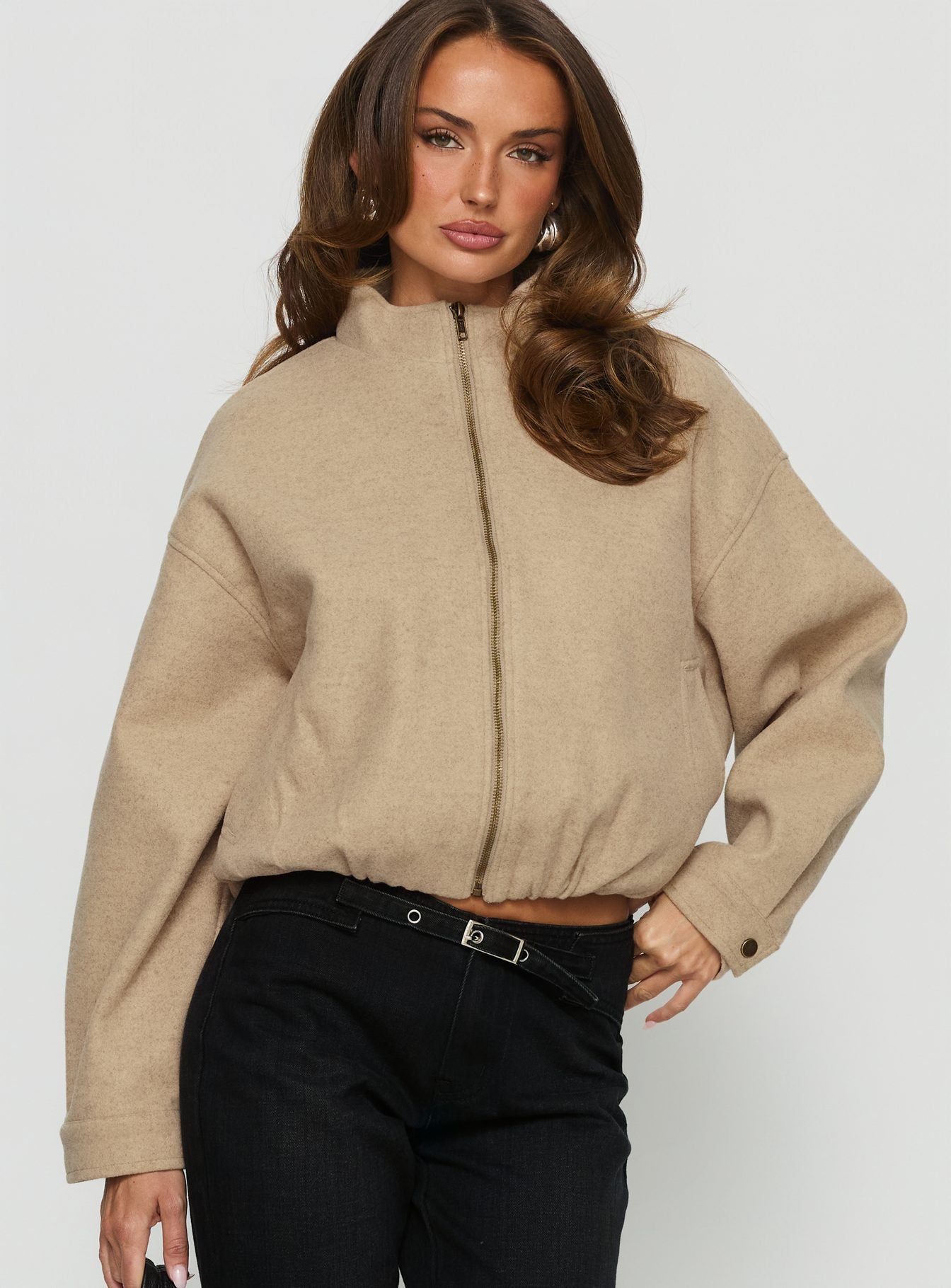 Chayden Cropped Bomber Jacket Beige