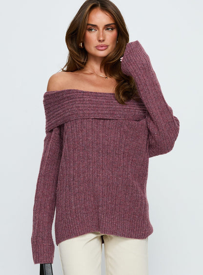 Snowie Off Shoulder Knit Sweater Burgundy