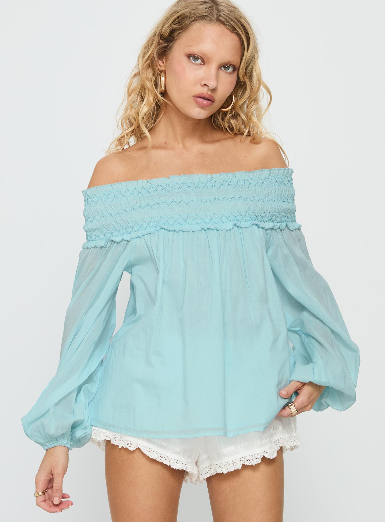 Heidy Off Shoulder Shirred Long Sleeve Top Blue