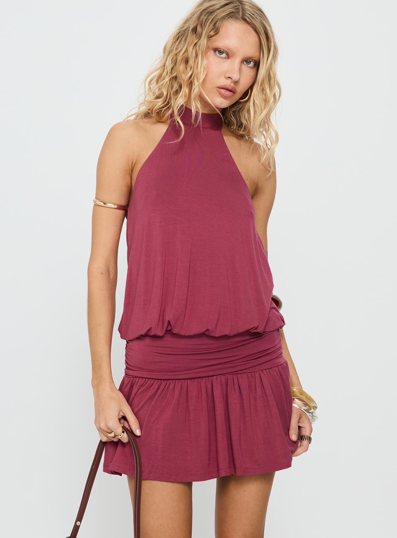 Lealeia Halter Slouch Mini Dress Plum