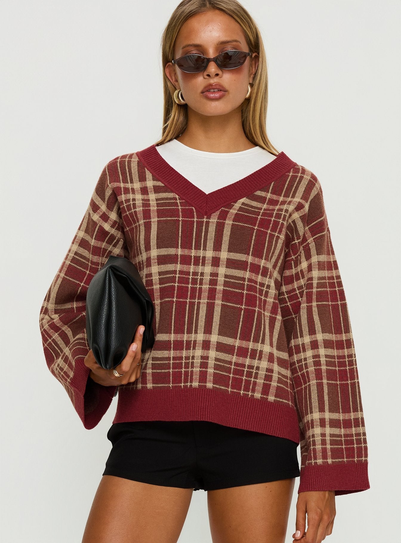 Sydda V Neck Knit Sweater Red Plaid
