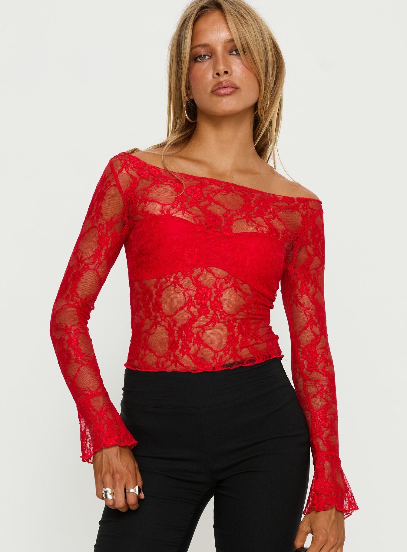 Junah Sheer Lace Long Sleeve Top Red