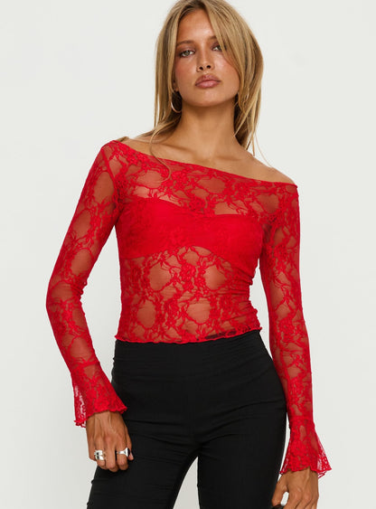 Junah Sheer Lace Long Sleeve Top Red