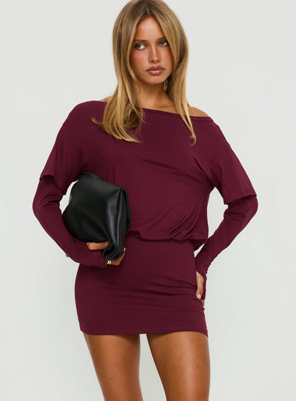Jesselyn Long Sleeve Off Shoulder Mini Dress Burgundy