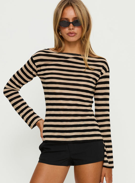 So Composed Boat Neck Long Sleeve Top Latte Stripe
