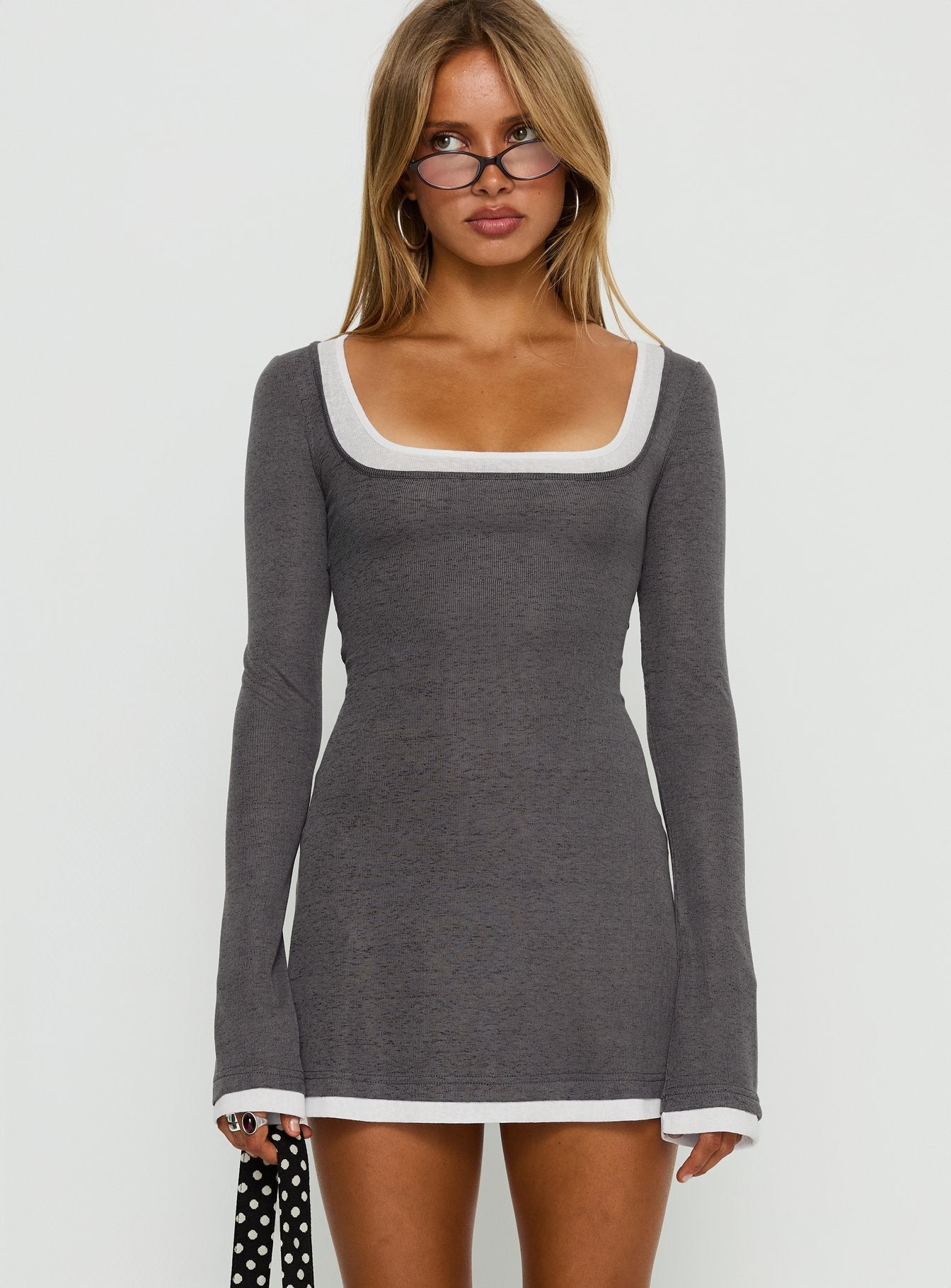 Adoree Long Sleeve Layered Mini Dress Grey / White