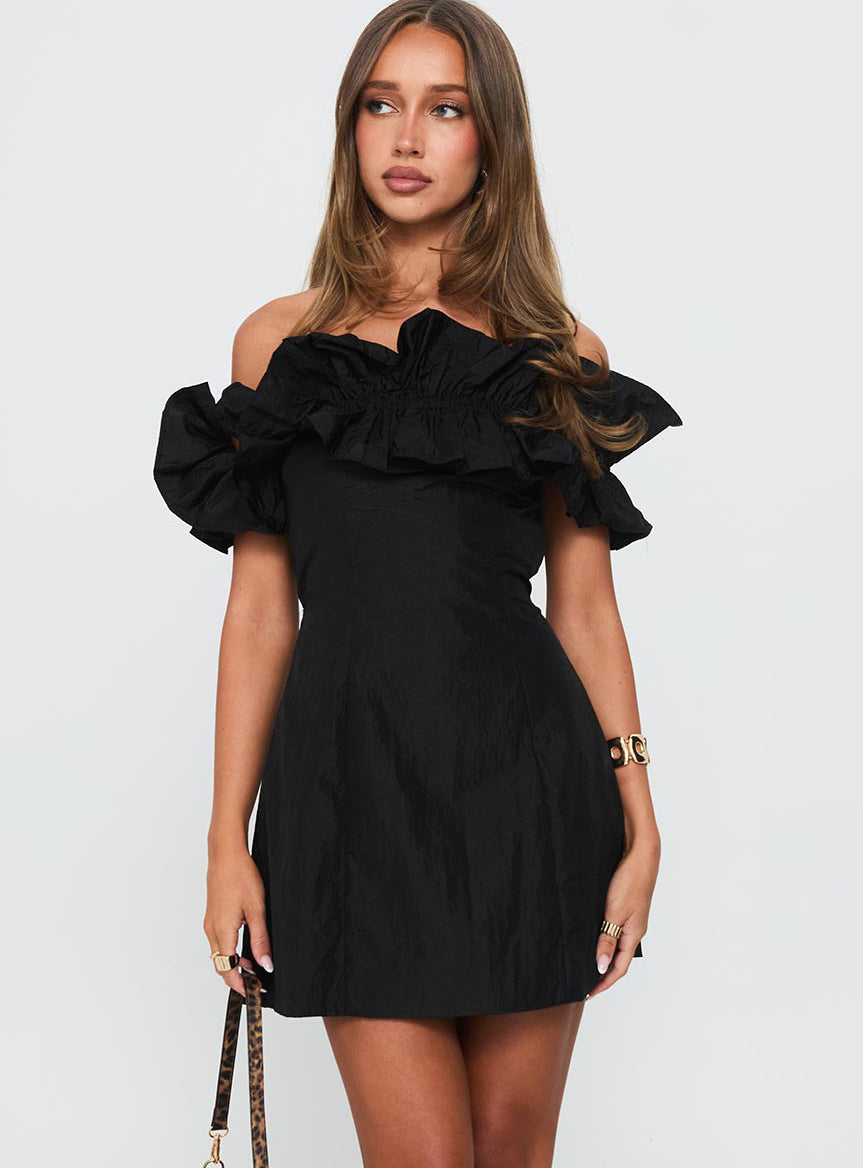 Rozetta Frill Neck Mini Dress Black