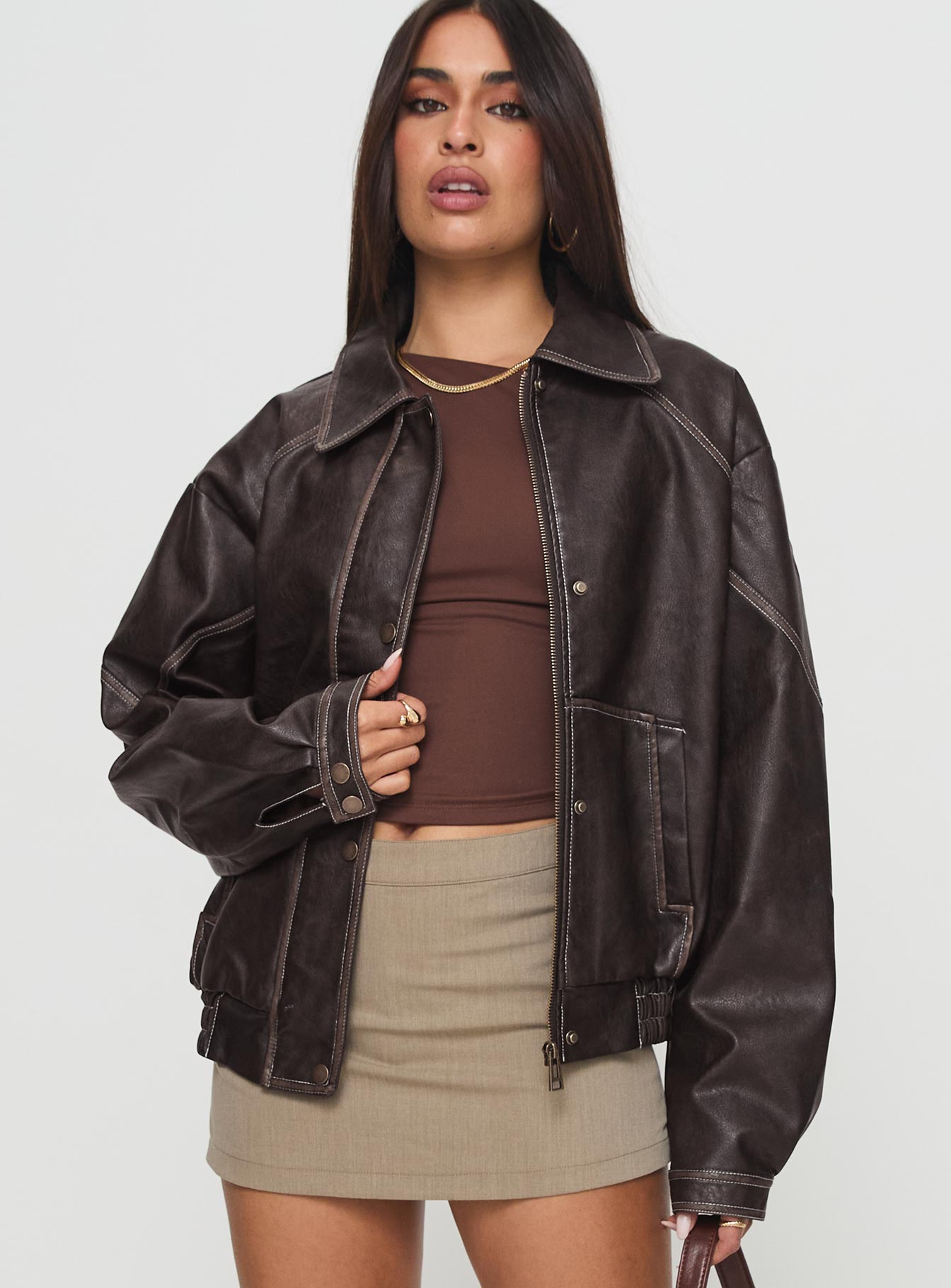Jaxton Faux Leather Jacket Brown Petite