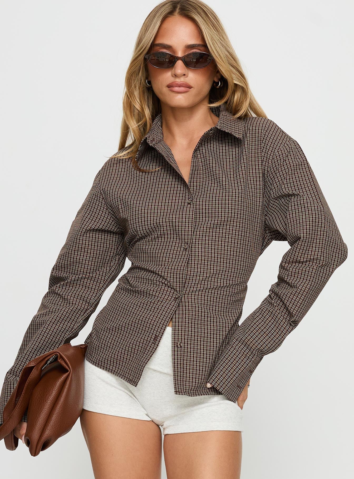 Xinia Tie Waist Long Sleeve Shirt Brown Check