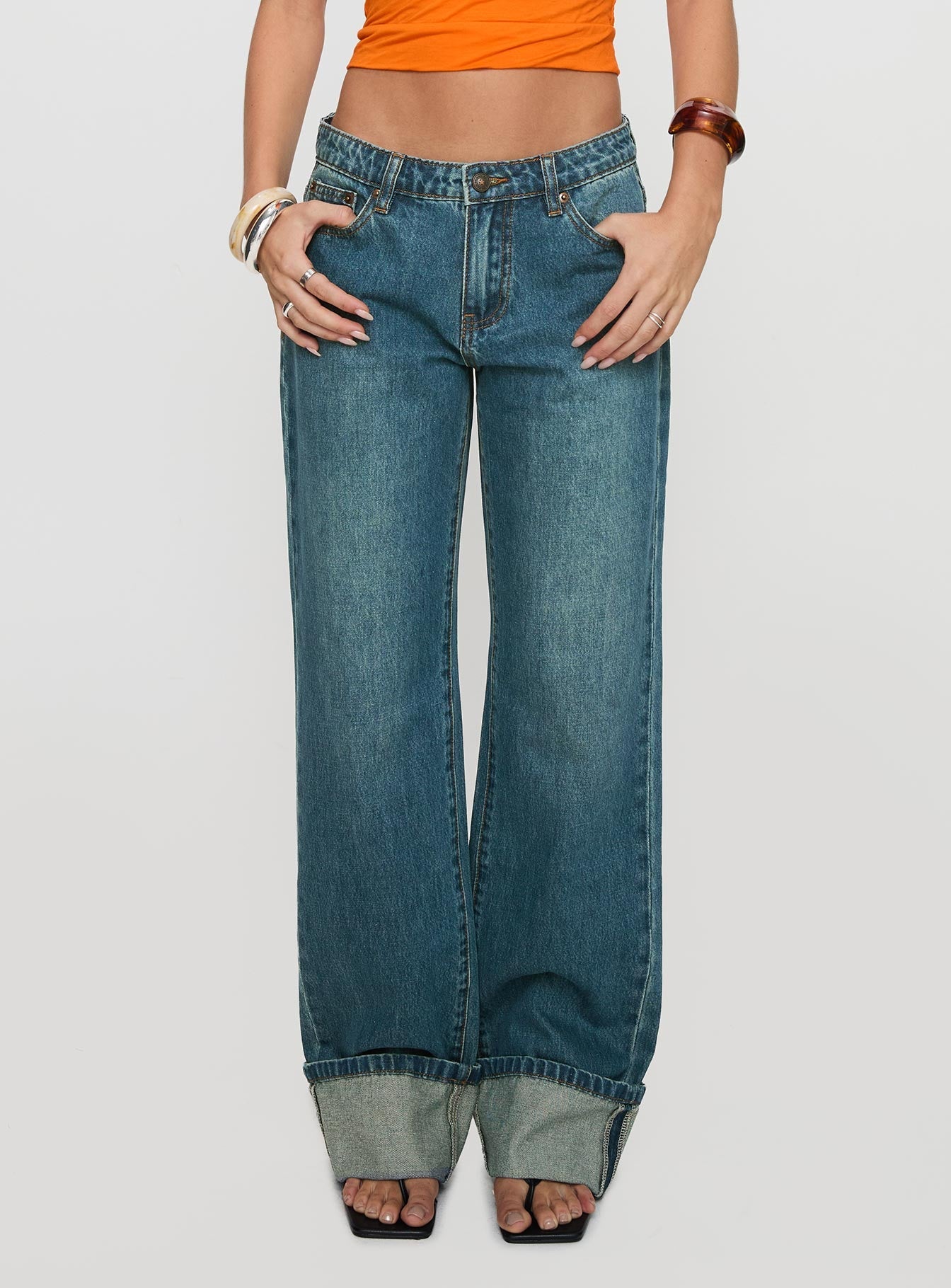 Toros Mid Rise Wide Leg Foldover Denim Jeans Mid Blue