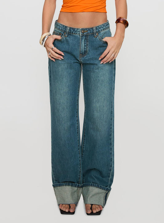 Toros Mid Rise Wide Leg Foldover Denim Jeans Mid Blue