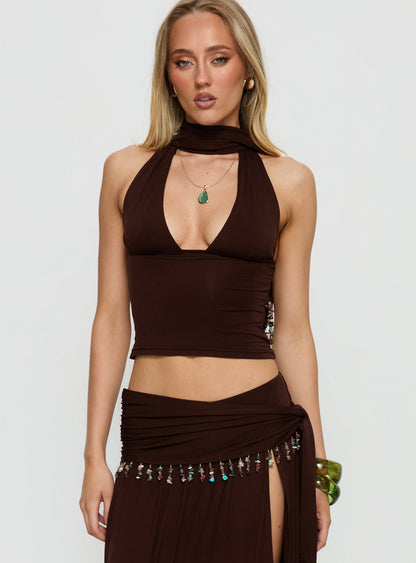 Spirita Beaded Halter Top Brown