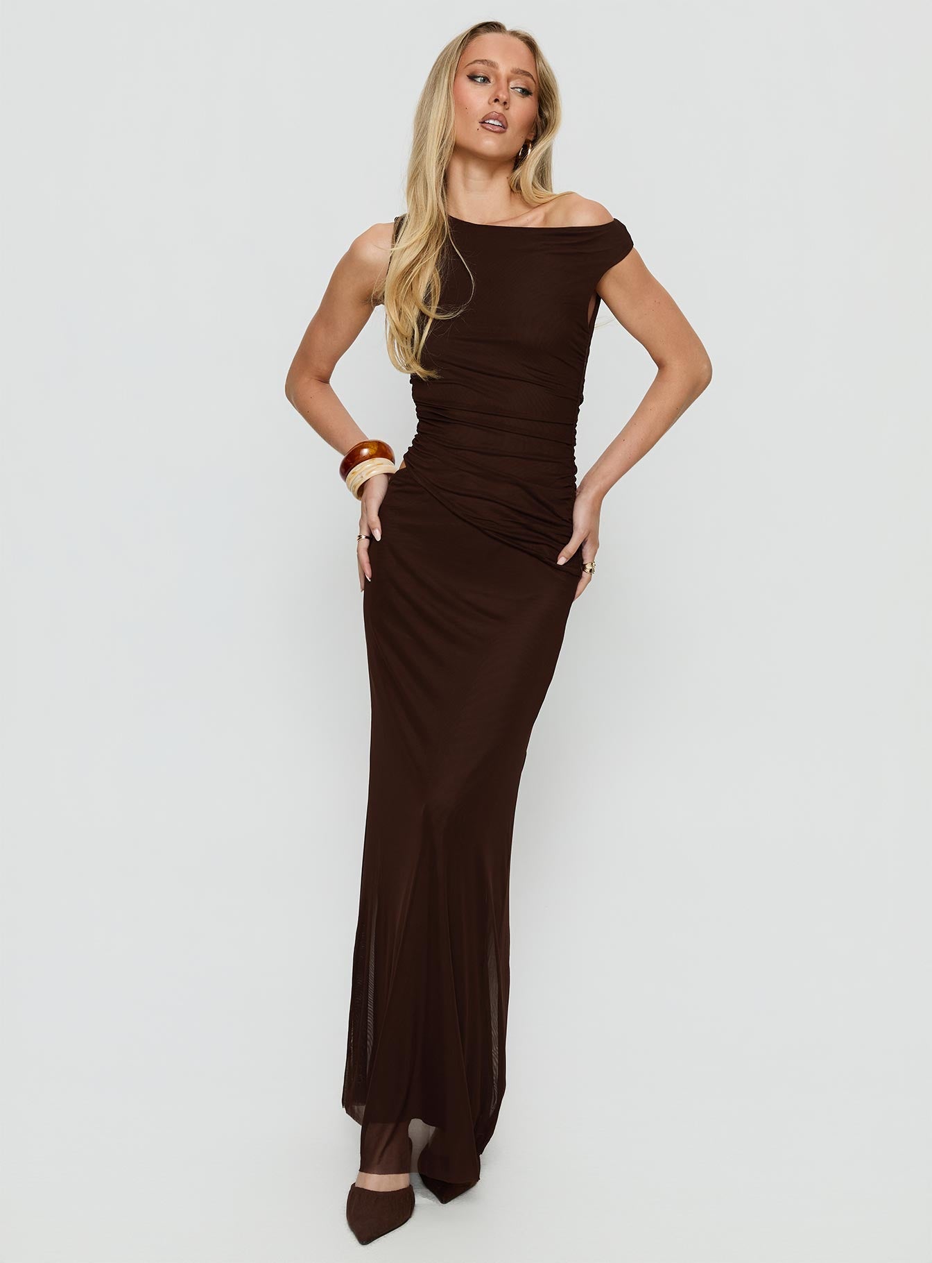 Krystyna Off Shoulder Ruched Maxi Dress Chocolate